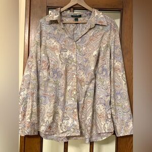 Lauren Ralph Lauren Paisley Button Down 3X Blouse Long Sleeve Collar Traditional